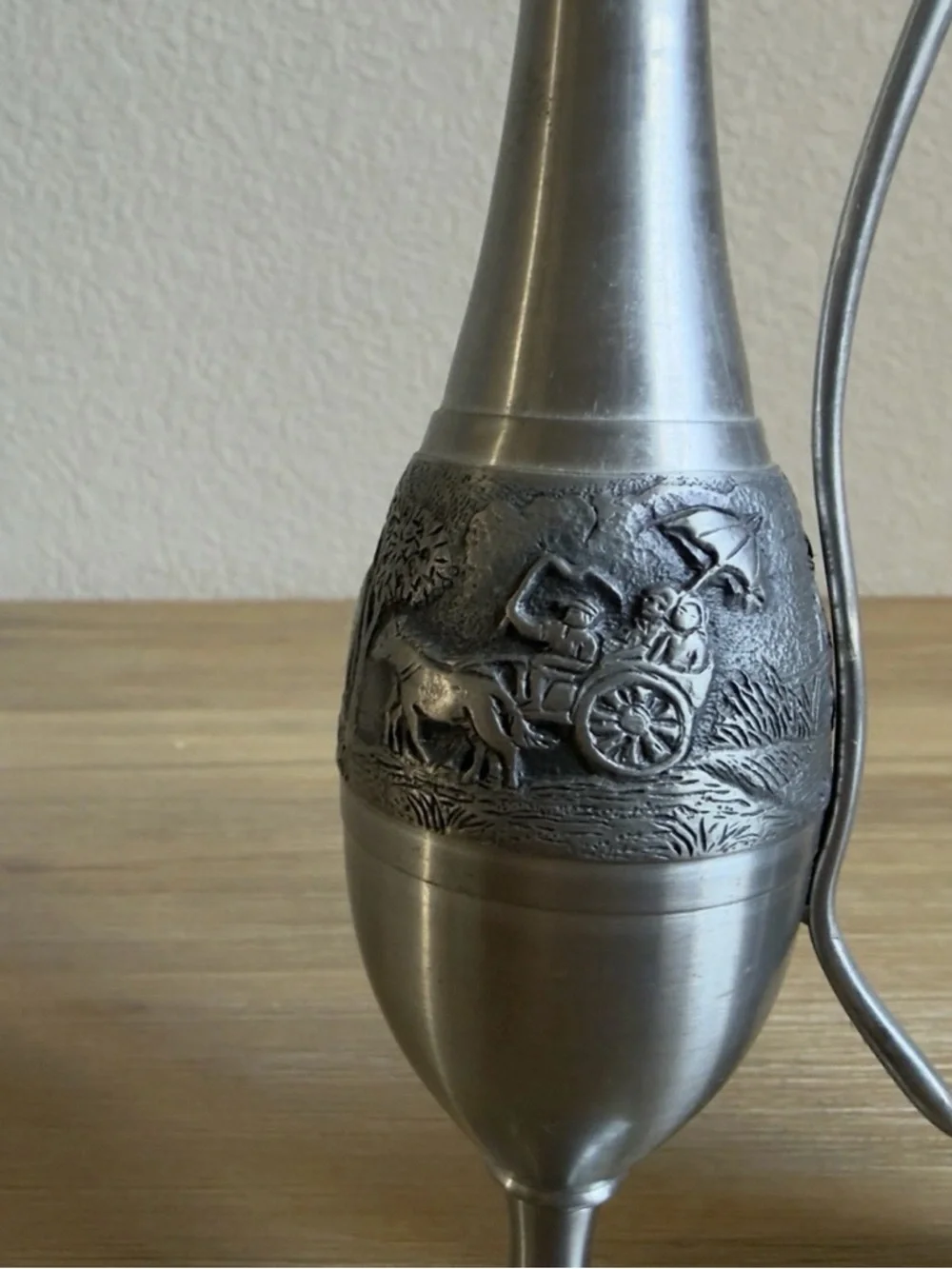 Vintage Pewter Skinny Bud Vases And Pitcher 8” and 6” Tall Silver Color Set of 2